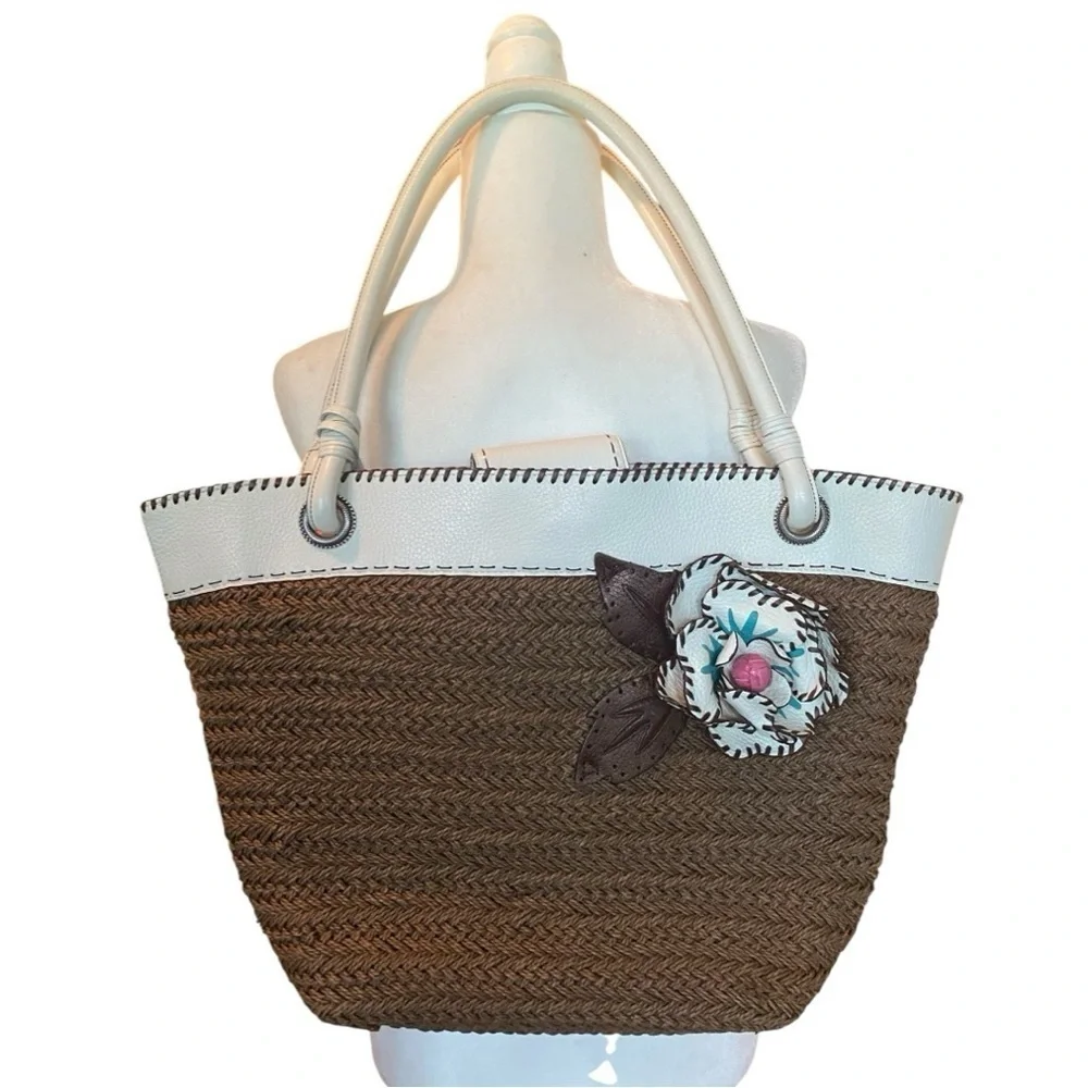 Brighton Womens Brown Woven Leather Tote Bag Large Beach Bag